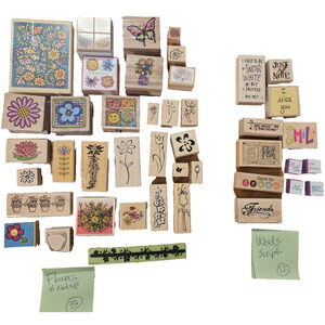 LOT OF 45 Rubber Stamps Wood Mounted - Nature Flowers Butterfly Encourage Words